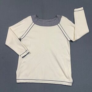 Zenergy by Chico's Sweater Size L Cream Navy Striped Collar Long Sleeve Nautical